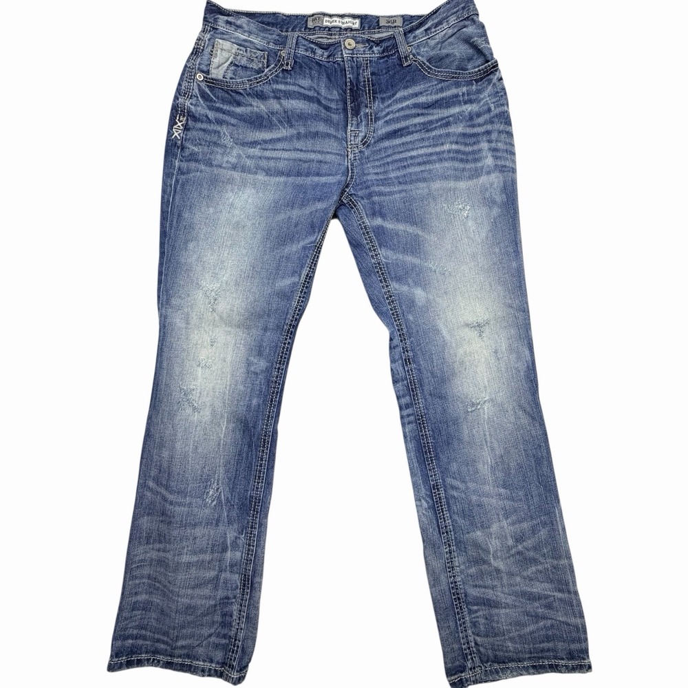 BKE Derek Straight Jeans Men's 36R Distressed Medium Wash Buckle Denim‎